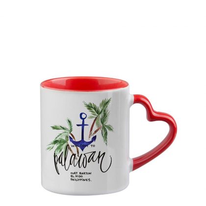 Print in white mug with red heart handle