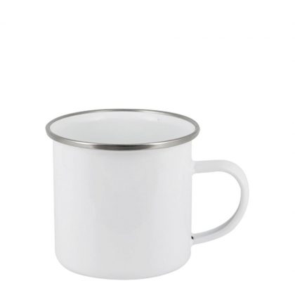 ENAMEL MUG 12oz WHITE + SILVER rim