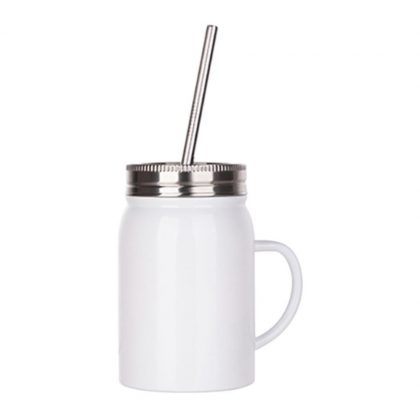 MASON JAR with straw - 17oz WHITE with handle