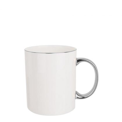 MUG WHITE (Bone China) 11oz SILVER rim & Hand