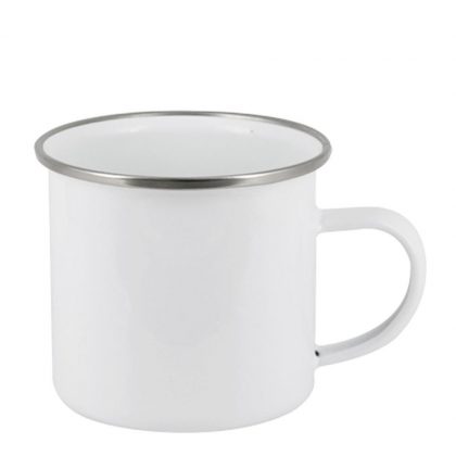 ENAMEL MUG 18oz WHITE + SILVER rim