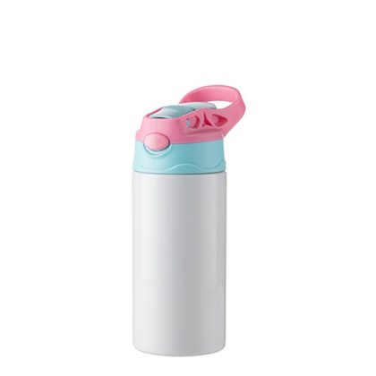 Kids Bottle (360ml) WHITE Pink Cap with Silicone Straw